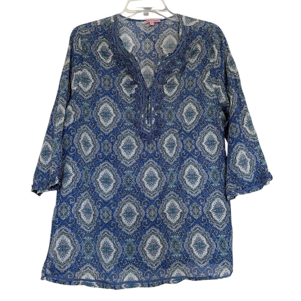 Rose & Rhyme Blue Paisley Medallion Crochet Trim Split Neck Tunic Top 1X Mens